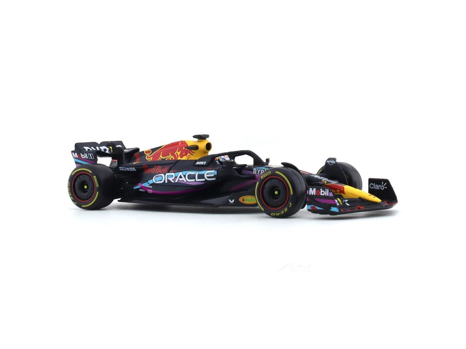 BBurago Red Bull Racing RB19, 2023 with Helmet Max Verstappen (No.1), Miami GP, Blue, 1:43 Scale