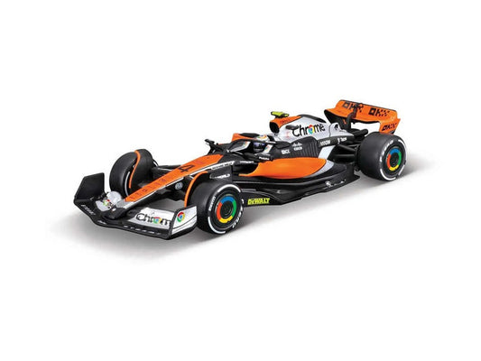BBurago McLaren MCL60 Lando Norris (No.4 With Helmet British GP 2023), Black/Orange, 1:43 Scale