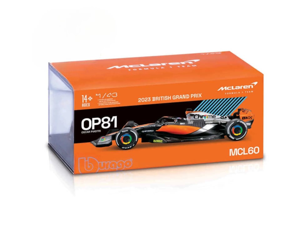 BBurago McLaren MCL60 Oscar Piastri (No.81 With Helmet British GP 2023), Black/Orange, 1:43 Scale