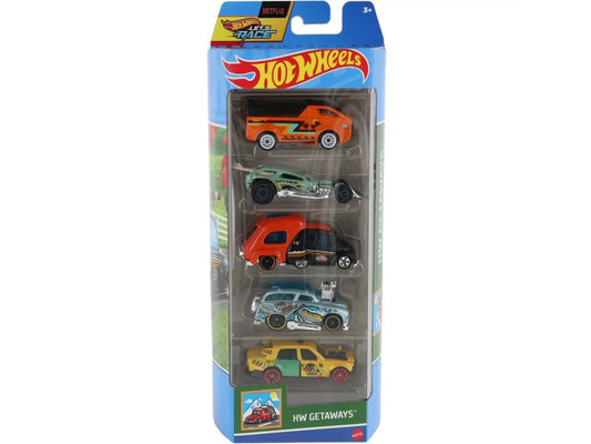 <h1>HOT WHEELS 5-PACK HW GETAWAYS</h1> <p><span data-mce-fragment="1">The 5-Pack includes the following 5 vehicles:</span></p> <h1>THE VANSTER, SURF CRATE, RV THERE YET, SURF 'N TURF, TIME ATTAXI</h1>
